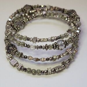4 Strand Silvertone Beaded Wrap Memory Wire Stacked Bracelet